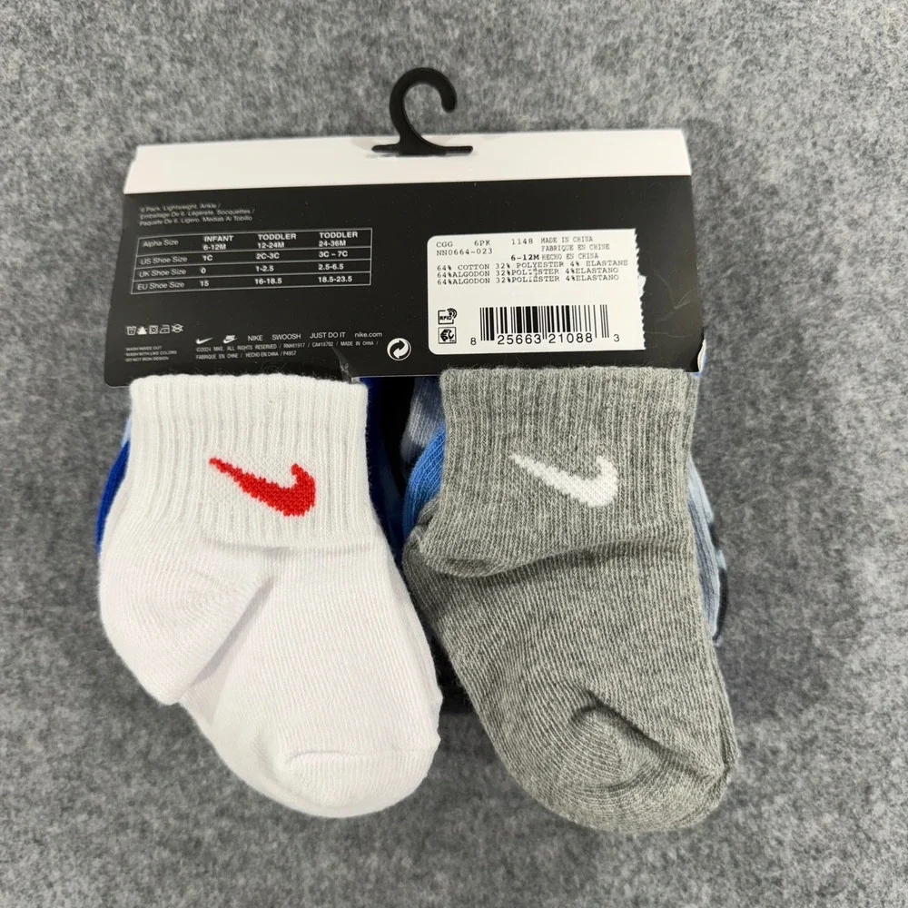 Nike Infant 6 Pack Lightweight Ankle Socks Tie Dye Blue Grey White 6-12 Months